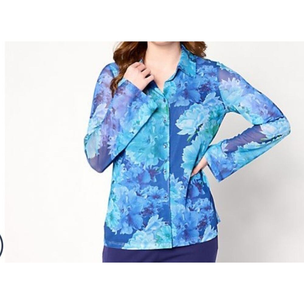 Isaac Mizrahi XS Blue Floral Printed Mesh Partially Lined Blouse A652902 NWOT